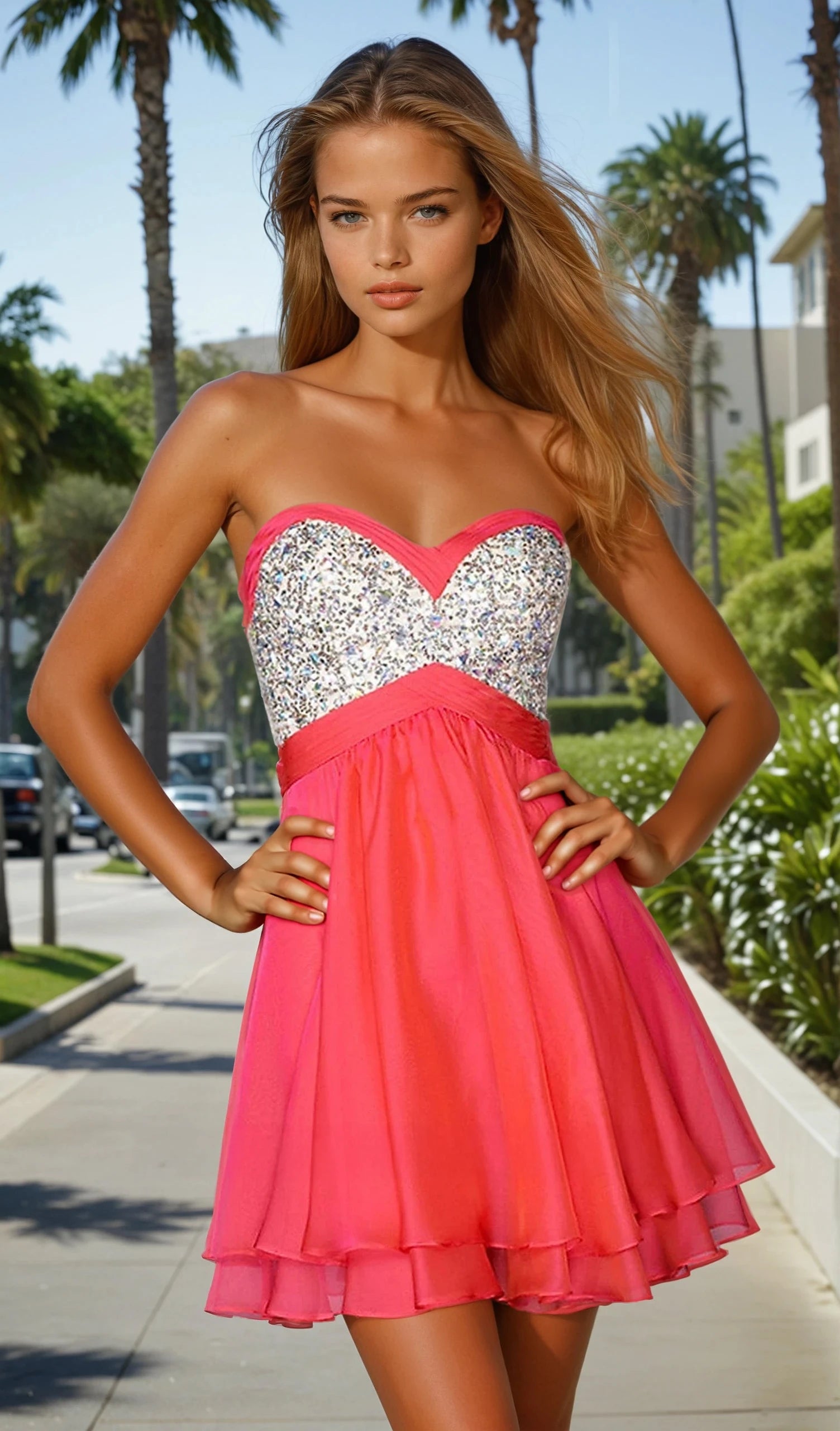 A woman stands on a sunny sidewalk among palm trees, wearing the Strapless Short Tiered Party Dress by La Femme, featuring a sequined silver bodice and pink skirt, with her hands on her hips.